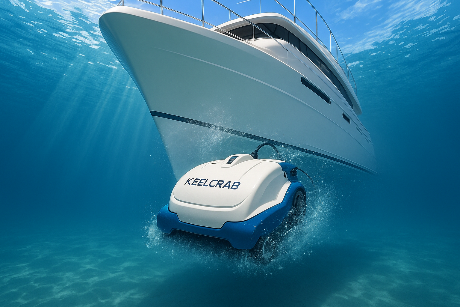 Pre-Purchase Inspection - KeelCrab cleaning yacht hull underwater with proper surface lighting