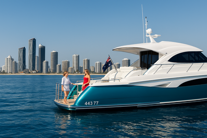 Clear recreation of luxury yacht with city skyline